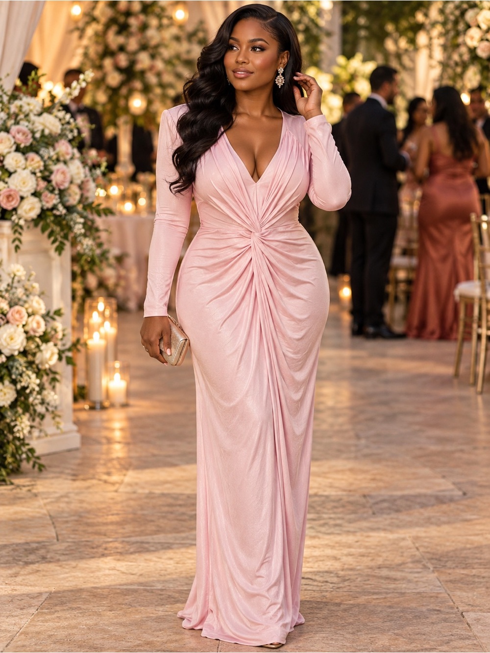 Elegant Pink Long Sleeve Twist-Front Evening Gown
